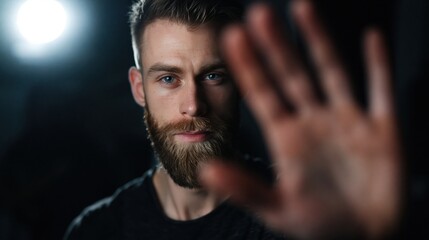 Fototapeta premium A man s hand is raised in a stop gesture, blocking the view of his face, symbolizing privacy, refusal, or a boundary. This composition conveys a sense of seriousness and protection.