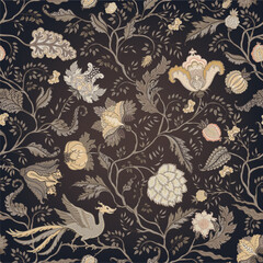 Naklejka premium Chintz inspired Floral vintage seamless pattern in Jacobean style for retro wallpapers. Enchanted Vintage Flowers. Design for wrapping paper, wallpaper, fabrics and fashion clothes.