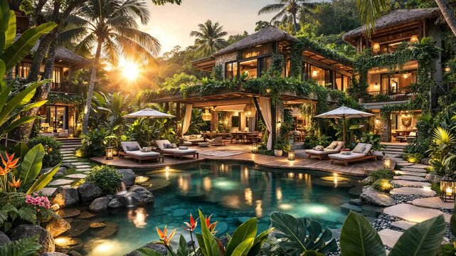 Luxury tropical villa with pool surrounded by lush garden and palm trees at sunset resort paradise