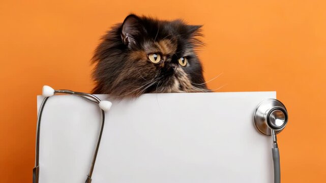 Tracking shot of long haired persian cat peeking over white board with stethoscope on orange studio backdrop