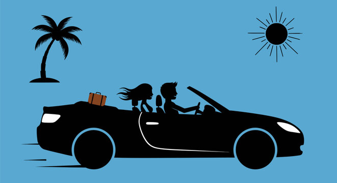 Silhouette of couple in convertible car.