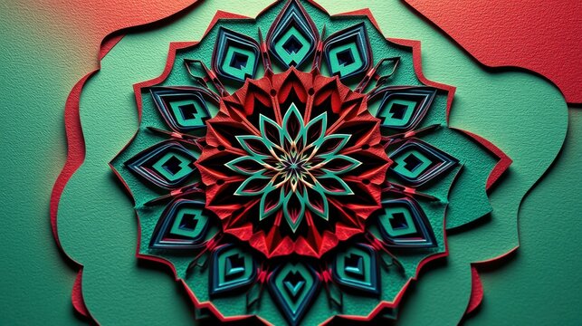 Intricate layered mandala. Teal, red hues dominate design. Geometric patterns create captivating visual texture. Wall art.