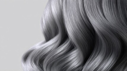Naklejka premium Silky silver hair cascades in soft waves, reflecting light beautifully. The sleek texture adds an air of elegance and sophistication, captivating the eye with its shine and allure