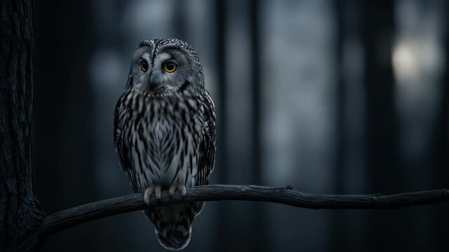 Majestic Owl Perched on Branch in Dark Forest at Night.