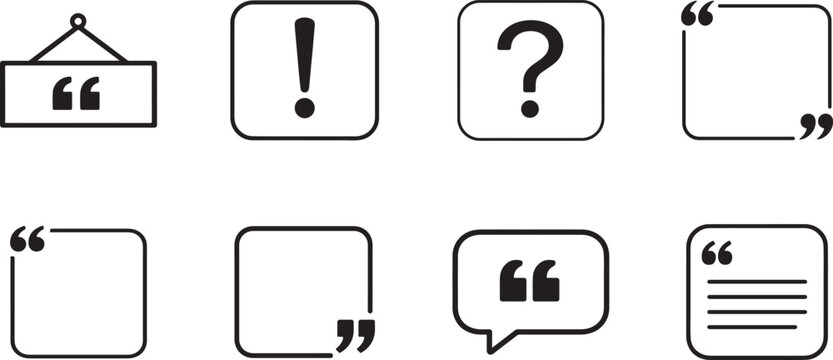 Linear icon set for text formatting, quotes, frames, blocks, marks, minimalist UI vector elements.
