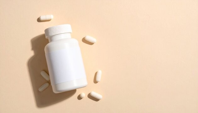 Sleek plain medicine bottle with scattered white pills on a clean beige background, symbolizing health, wellness, and pharmaceutical products for daily intake