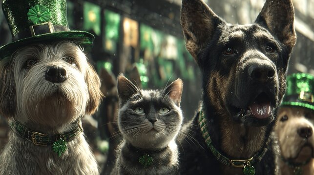 Adorable pets celebrating Saint Patrick's Day with green hats and clover decorations
