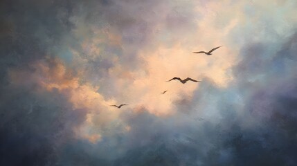 Fototapeta premium Birds soar gracefully through a dramatic and painterly sky filled with soft clouds.
