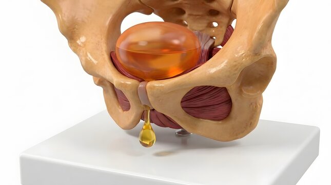 Medical model showing human bladder and pelvic floor muscle structure.