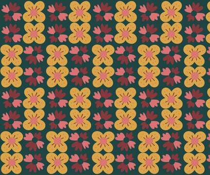 An artistic and bold vector pattern design featuring stylized floral elements in warm yellow pink and deep maroon colors against a rich dark teal background. This unique composition offers a sophistic