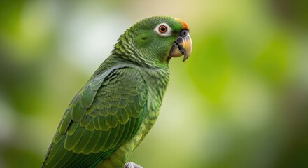 Obraz premium A vibrant green parrot with a yellow beak and orange eyes, perched on a branch in a lush, green forest, surrounded by towering trees and a babbling brook.