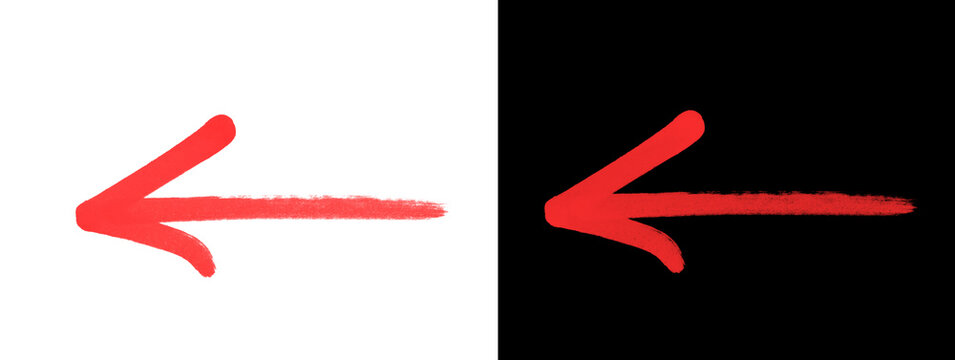Bold Bright Red Thick Left Pointing Arrow Minimal Glowing Icon on White and Black Split Background