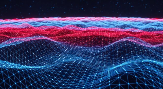 Abstract digital landscape with red and blue glowing wireframe waves
