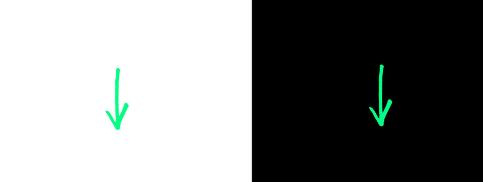 Bright Green Downward Arrow Icon Minimal Glowing Line Art on Split White and Black Background