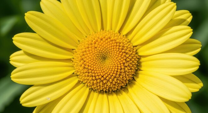 A vibrant yellow daisy with a prominent yellow center and numerous petals, set against a blurred green background.
