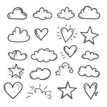 Simple doodles of clouds, hearts