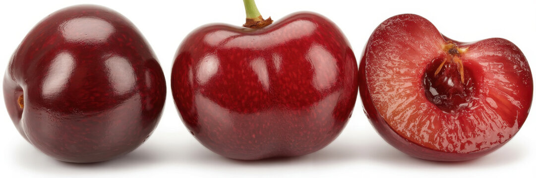 Three fresh red cherries with one cut in half showing the pit on a clean white background studio