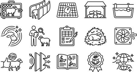 Fototapeta premium Eid ul Adha Livestock Management Line Icons – Sheep Handling, Halal Compliance, Farm System, Qurbani Preparation Vector Set