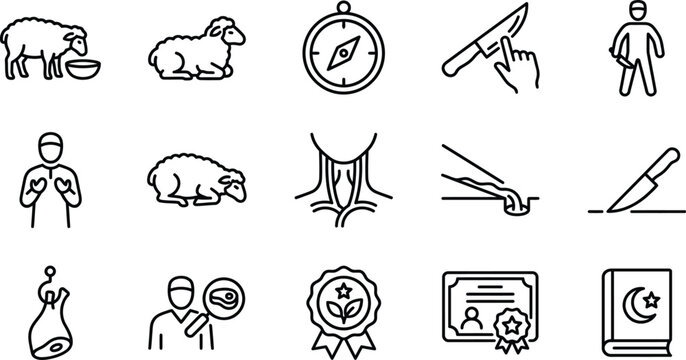 Eid ul Adha Qurbani Process Line Icons &ndash; Halal Slaughter, Meat Preparation, Islamic Ritual Steps Vector Set
