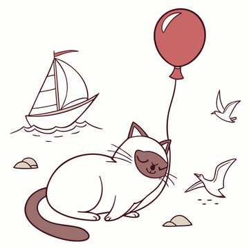 Whimsical Birman feeling Sleepy in a Beach day setting with with a balloon &ndash; colored in Ocean Breeze