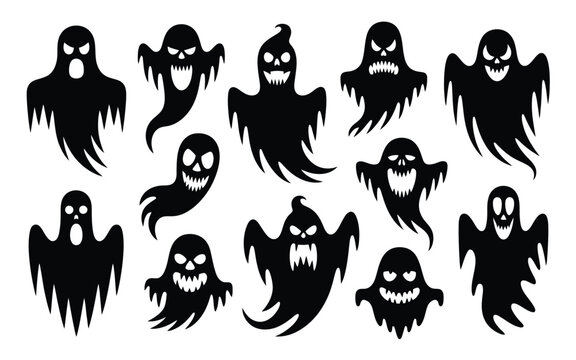 Twelve spooky ghostly silhouettes with expressive faces and flowing drapery floating against a stark white background for eerie halloween graphics or horror themed design projects