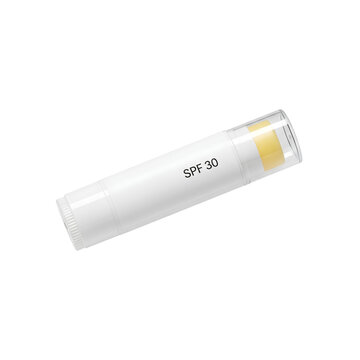 White lip balm stick with SPF 30 sun protection PNG. Summer beach skincare cosmetic product packaging mockup isolated for beauty and healthcare designs.