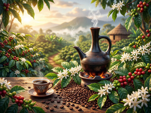 Traditional Ethiopian Coffee Pot Jebena with Coffee Plantation Background