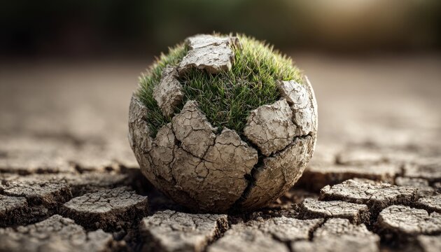 Earth globe emerging from cracked dry soil transitioning into green grass, climate restoration metaphor