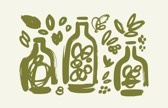 Kombucha fermented tea bottles vector illustration drawing, rustic hand-drawn ink brush stroke sketch style, starter culture, scoby jar with probiotic bubbles and botanical herbal ingredients, organic