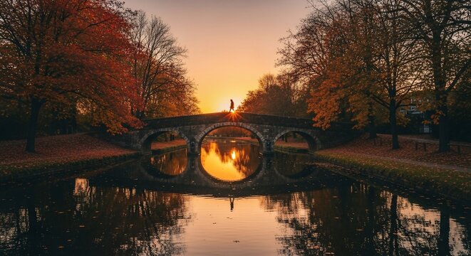 Golden Sunset Reflects on Water Under a Stone Bridge with Autumn Trees.