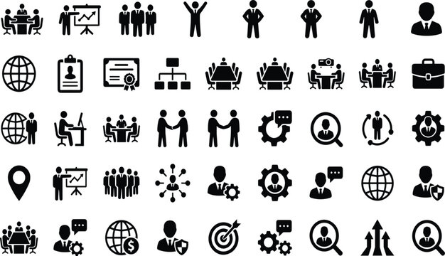 Business Silhouette Icons for Meetings, Presentations, Teamwork, Leadership, Communication, Global Business, and Corporate Success
