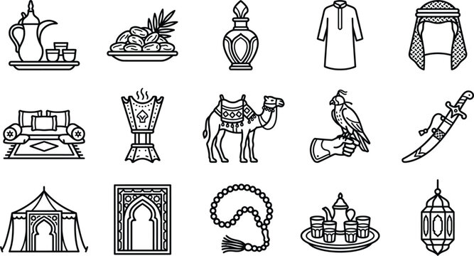 Eid ul Adha Arabic Culture Line Icons &ndash; Middle Eastern Traditions, Islamic Lifestyle, Dates, Dallah, Camel Vector Set