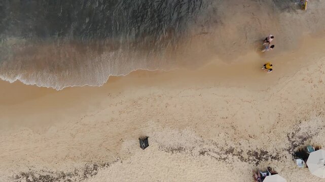 Aerial overhead view of waves crashing on shoreline with people swimming and beach umbrellas at Trindade Beach, Paraty, Brazil. Tracking camera movement