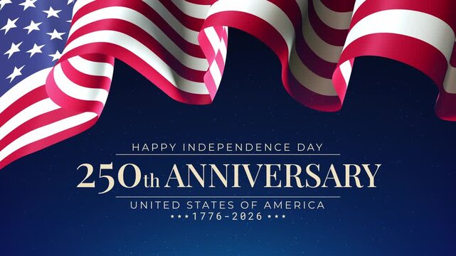 250th anniversary of the USA. 250 years of independence. 4th of july 2026 usa independence day. banner, US waving flag, fireworks on night sky. Video greeting card. Fourth of july. 4k seamless loop