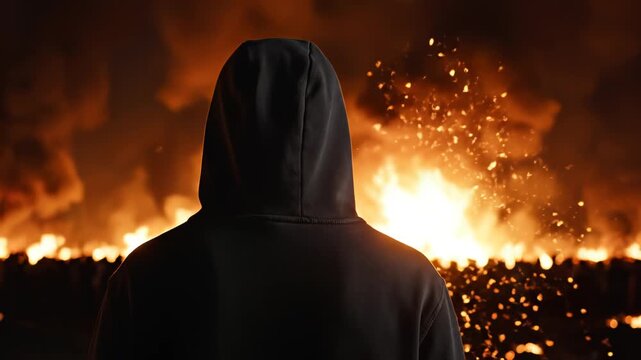 Person in hooded jacket facing fire perfect for UI/UX design and motion graphics