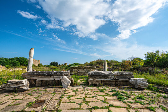 The scenic views of the ancient city of Side, one of the best-known classical sites in the country, include statues, theater, agora, nymphaeum, bath, and a colonnaded street in  Hellenistic, Roman, an