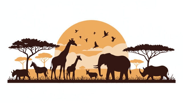 African savannah animals silhouettes at sunset with trees and birds flying overhead in the wild