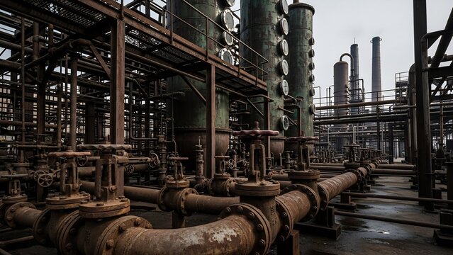Industrial Plant Infrastructure with Rusty Pipes and Storage Tanks