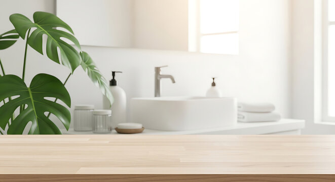 Empty wooden tabletop foreground for product display with blurred bright minimalist bathroom background featuring monstera plant white vessel sink and vanity mirror