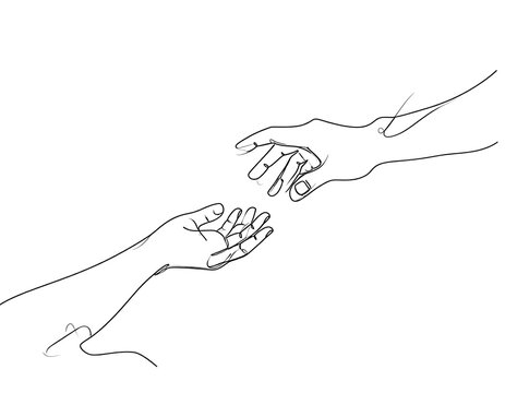 Simple line art of two reaching hands on white. One hand is above, one below in a minimalist style