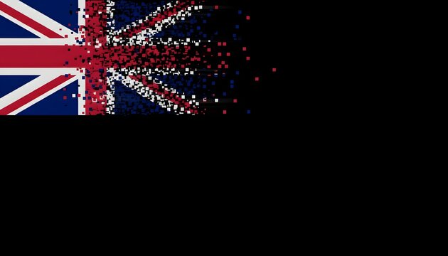 A Union Jack flag disintegrates into a digital cascade of squares on a black background