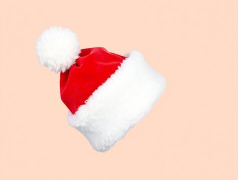 Classic red santa hat with white trim and pom pom floating on a light background