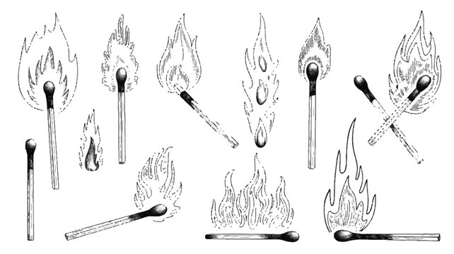 Black and white illustration of various burning matches and flames on white background