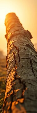 A time-worn log, etched by seasons, tilted with dramatic flair under a hazy, sun-drenched sky, aged wood,  earth tones