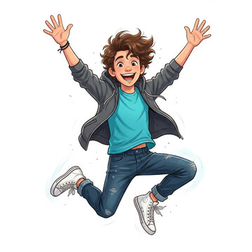 Happy young boy jumping for joy in a cartoon illustration