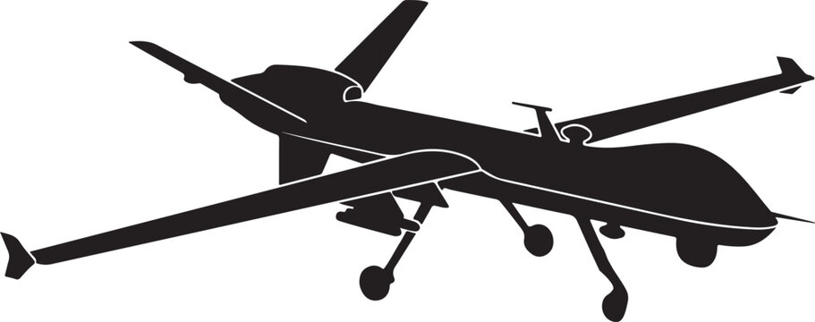 Black silhouette of a military reconnaissance drone, also known as an unmanned aerial vehicle (UAV), isolated on white background