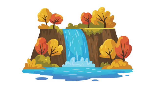Cartoon illustration of waterfall flowing down cliff with autumn trees and blue water pool