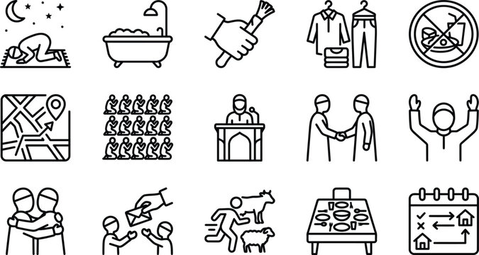 Eid ul Adha Islamic Lifestyle Line Icons &ndash; Prayer, Sunnah Practices, Social Interaction, Daily Routine Vector Set