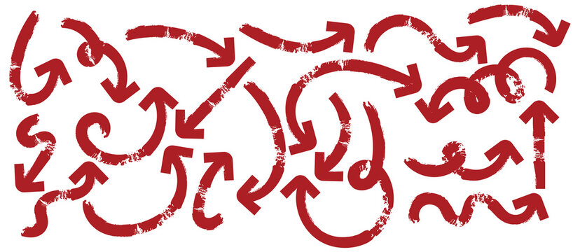 Hand drawn red brush arrow set with various directions. Sketch pencil texture line scribble red arrow icon.  Artistic scribbles, design elements set. Vector illustration