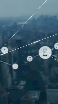 Vertical video: Phone node popping, sparking network linking, growing over city, showing music flow